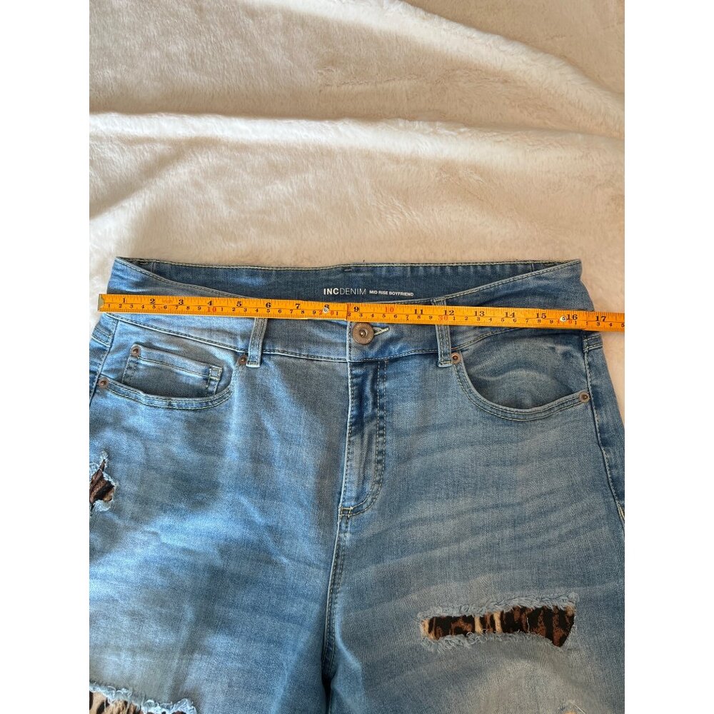 INC Denim Mid Rise Boyfriend Jeans size 12/31 Distressed Leopard Patch - Picture 11 of 12
